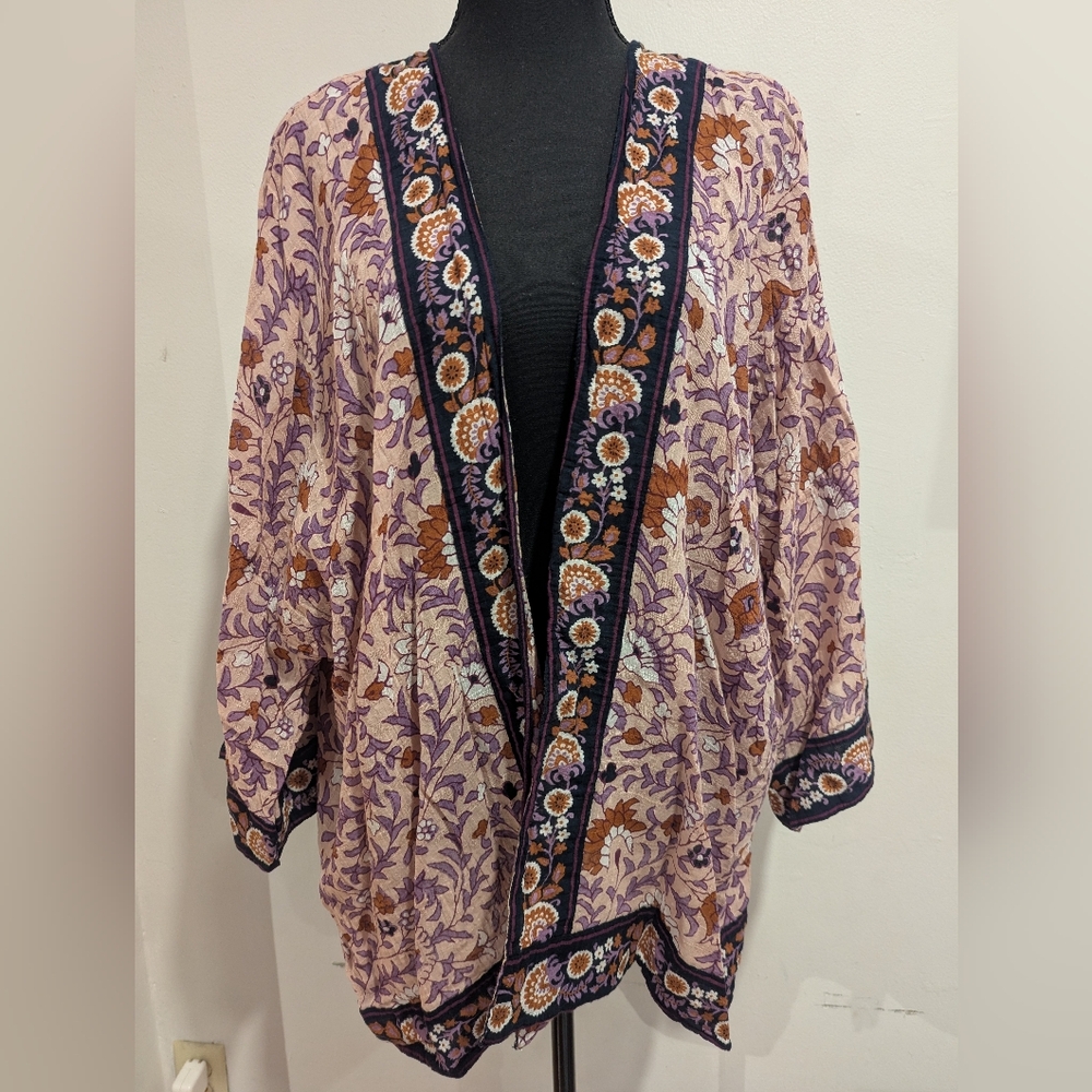 J.Jill 100% Cotton Open Front Kimono Botanical Print Size XL - 3X